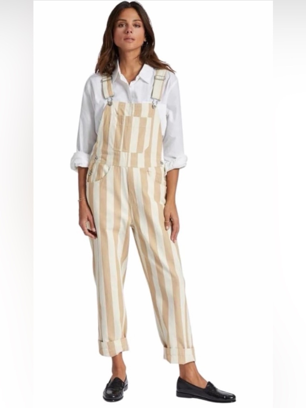 Fashion Striped Beige & White Cotton Overalls Size XL